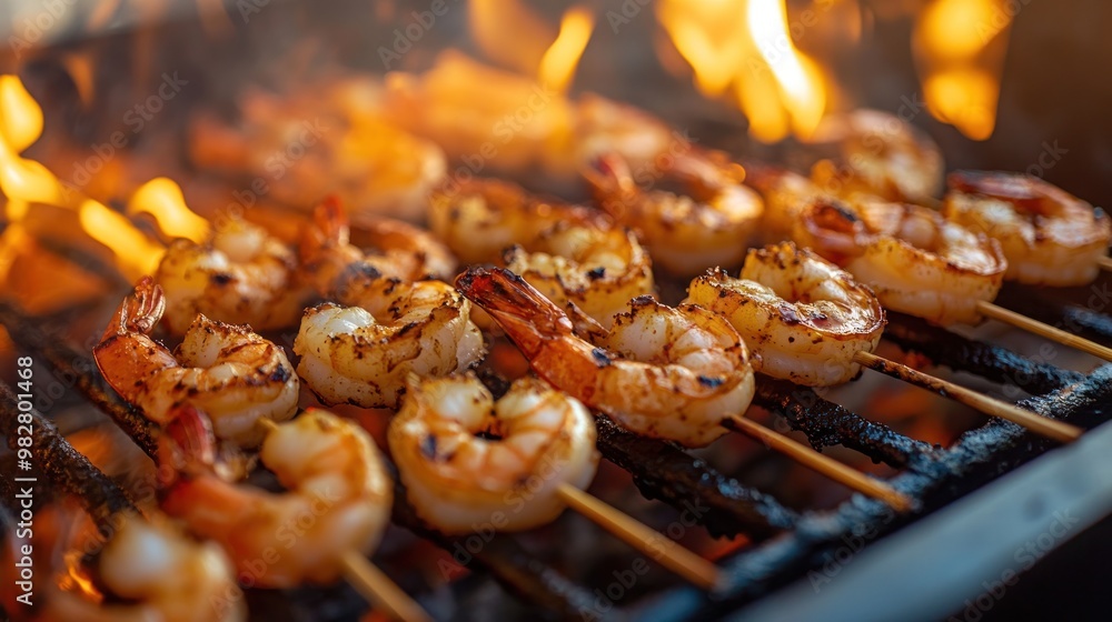 Sticker Grilled shrimp skewers sizzling over an open flame, showcasing a delicious cooking scene.