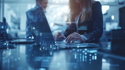 A professional working on a laptop with digital data overlays in a modern office setting.