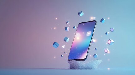 A floating smartphone surrounded by glowing cubes and sparkles in a colorful background.