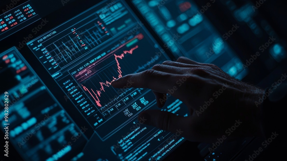 Poster hands touching holographic business technology interface with glowing virtual graphs