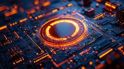 Fototapeta premium A futuristic holographic hud displaying a 3D object with glowing fractal particles representing nanotechnology radar software. Nanotechnology. Illustration.