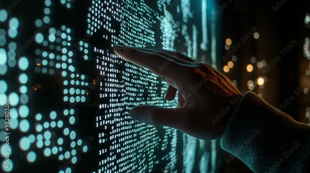 Poster touch a glowing dot on a digital interface to represent technology and interaction.