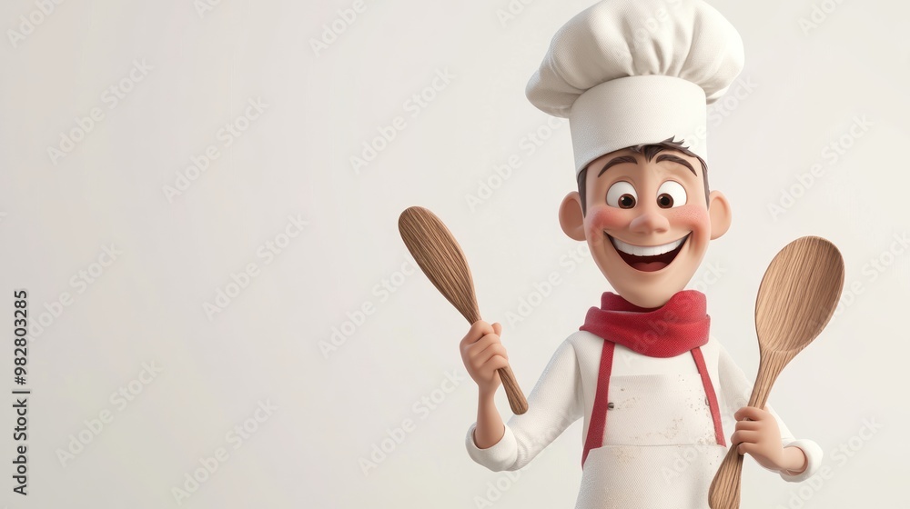 Wall mural a cheerful animated chef holding wooden spoons, ready to cook and create delicious dishes.