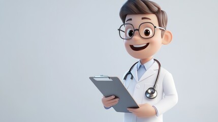 A cheerful cartoon doctor holding a clipboard, symbolizing healthcare and professionalism.