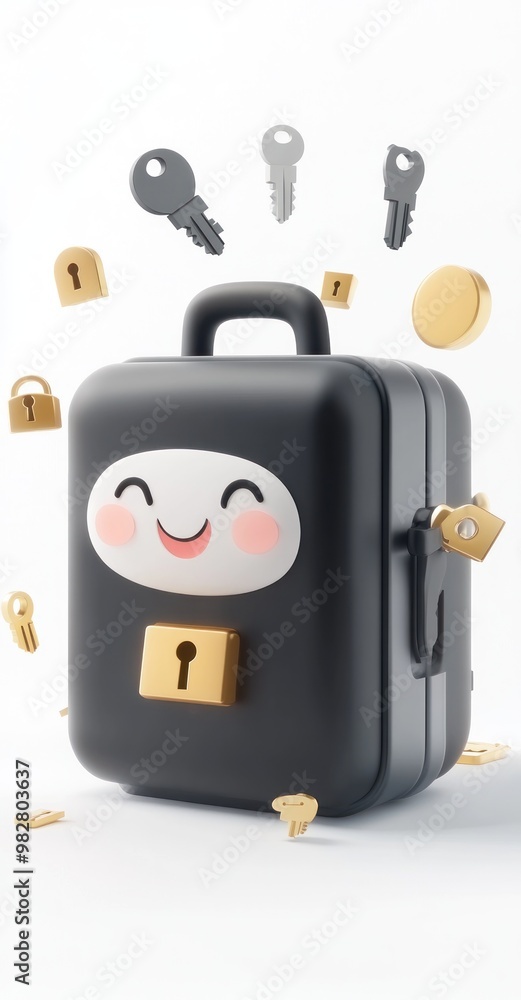 Poster a cheerful black suitcase with a lock and keys, symbolizing security and storage.