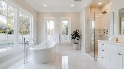 Luxurious bathroom in a home, with a soaking tub, large shower, and elegant finishes