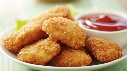 A plate of golden-brown chicken nuggets served with a side of ketchup.