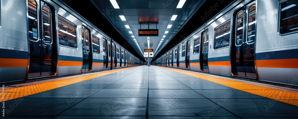 Poster symmetrical view of an empty subway station platform with trains on both sides, creating a modern an