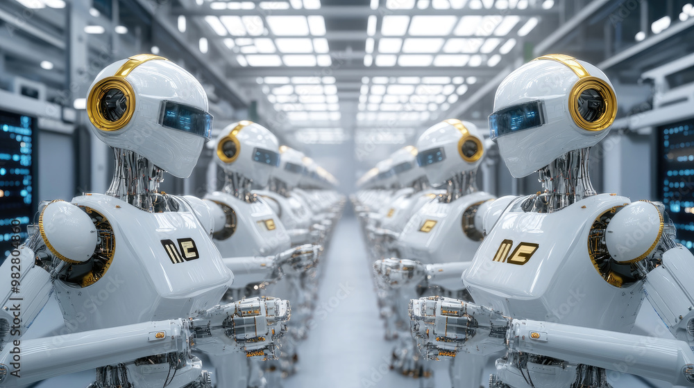 Poster a group of industrial robots working in perfect synchronization showcases advanced technology and au