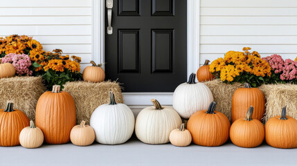 Autumn themed display with pumpkins, hay bales, and vibrant flowers creates warm and inviting atmosphere. Perfect for celebrating fall season