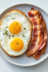 Breakfast plate with eggs and bacon on white background, traditional style, clean composition