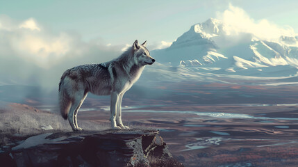 Lone Wolf, Mountain Majesty: A majestic gray wolf stands sentinel atop a rocky crag, its gaze fixed upon a breathtaking vista of snow-capped peaks and winding rivers.  