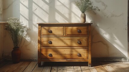 A highly realistic image of an object related to Drawer cabinet – Minimalist style in a white background design, displayed in a design studio. The scene is well-lit, with natural light highlighting 
