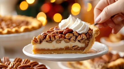 Close-up of a slice of pecan pie being served at Thanksgiving dinner, surrounded by other festive desserts