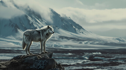 Arctic Guardian: A majestic white wolf stands sentinel atop a windswept peak, its gaze piercing the glacial expanse of its mountainous domain. 