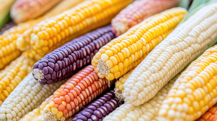 Colorful heirloom corn showcases vibrant array of yellow, purple, and white kernels, creating stunning visual display. This close up captures unique beauty and diversity of this agricultural gem