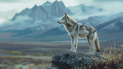 Alpha's Vista: A majestic grey wolf surveys its mountainous domain, a symphony of wilderness captured in every detail. 
