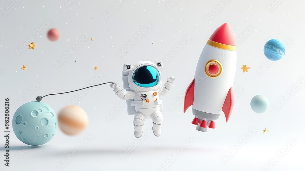 Poster a playful astronaut floats in space with a rocket and planets, showcasing a whimsical theme.