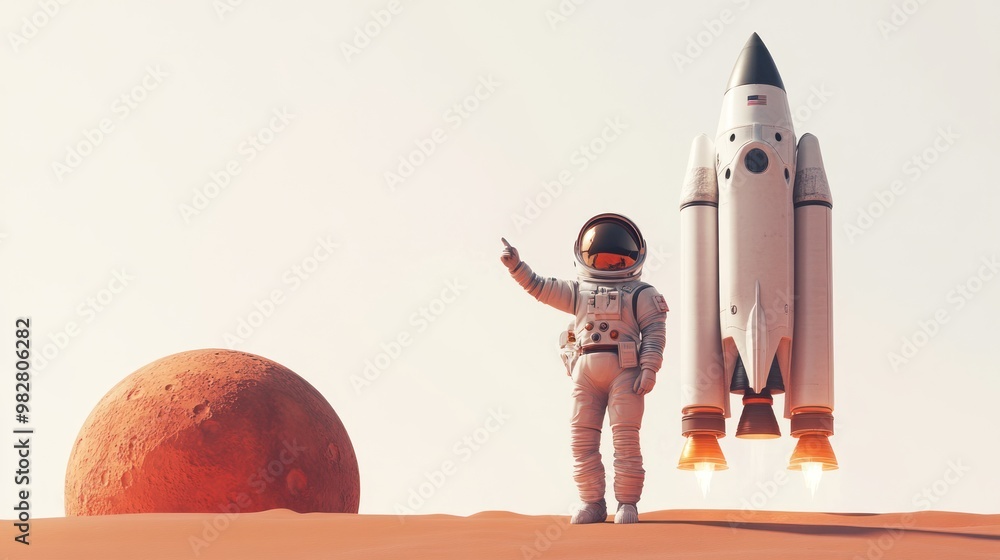 Poster astronaut on mars with a launching rocket in the background.