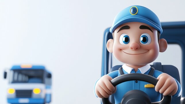 A cheerful cartoon bus driver smiles while holding the steering wheel in a colorful setting.