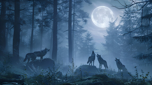 Symphony of the Moon: A pack of wolves howls in unison under a breathtaking full moon, their silhouettes stark against the misty blue forest. 