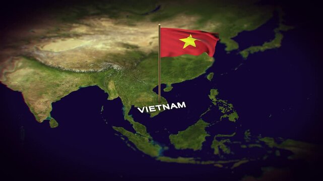 The Flag of Vietnam on the World Map, Vietnam map with flag 3d animation