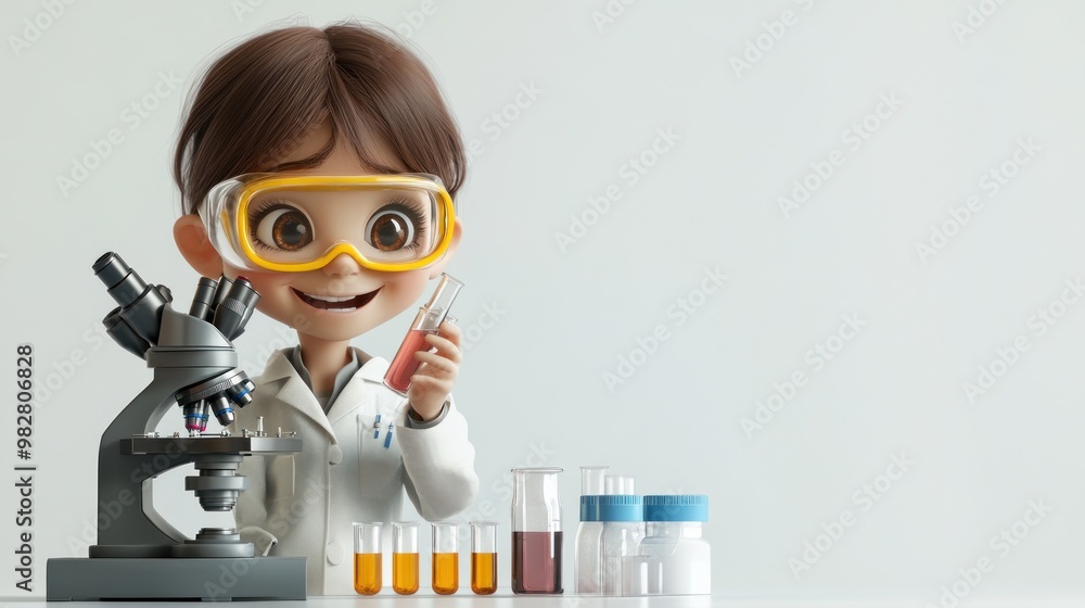 Poster a cheerful child in a lab coat conducts experiments with a microscope and test tubes.