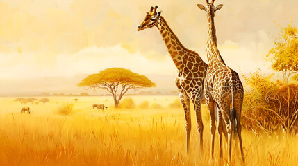 Obraz premium Golden Hour Giraffes: Two majestic giraffes stand tall against a backdrop of golden savanna, bathed in the soft light of the setting sun. The scene evokes a sense of serenity and tranquility, capturin