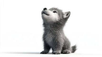 A cute, fluffy wolf pup looking up with a curious expression against a white background.