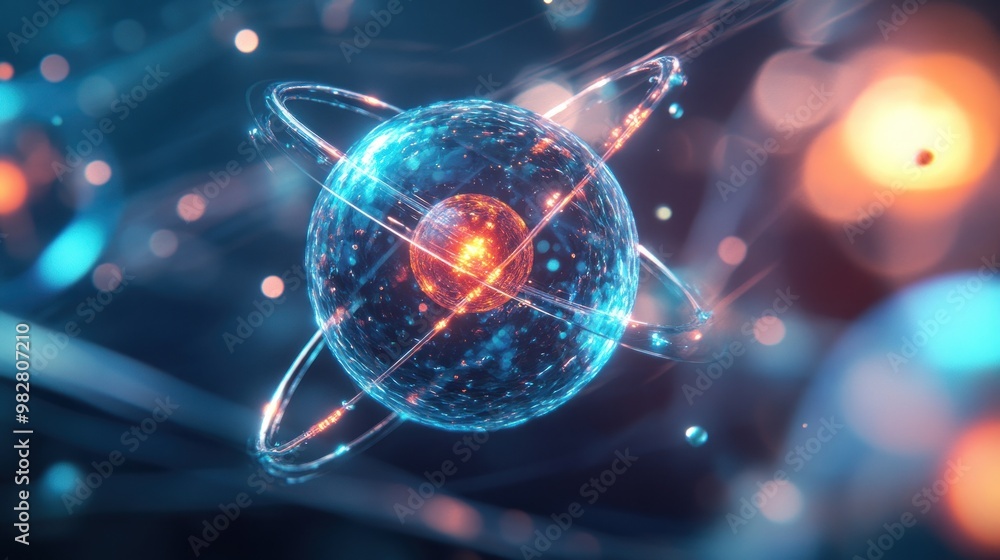 Poster a digital representation of an atom with electrons orbiting a nucleus, symbolizing science.