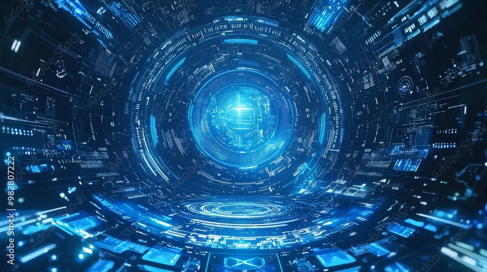 Poster the concept of a futuristic digital hud technology user interface and a radar screen with a variety 