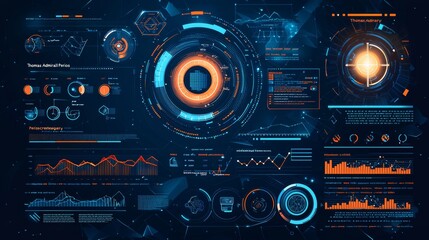 Fototapeta premium A blue color sonar radar screen searches an object with a futuristic head-up display (HUD UI) interface screen and an abstract chat panel