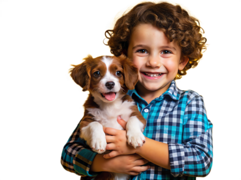 Smiling Little boy holding a Dog full body on transparency background PNG
 - Powered by Adobe