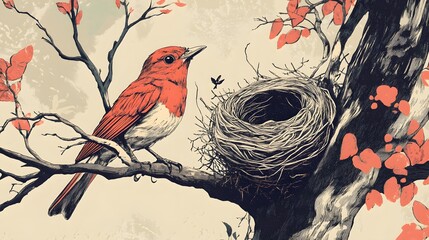 Hand-drawn illustration of a bird building a nest in a tree