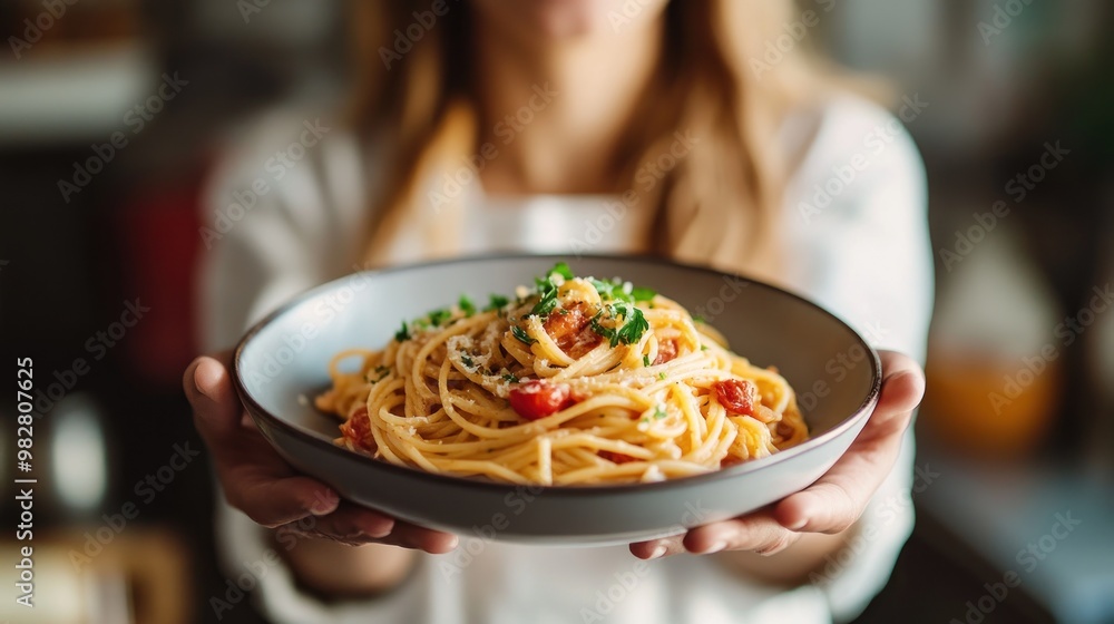 Wall mural A person holding a plate of spaghetti garnished with herbs, showcasing a delicious meal.