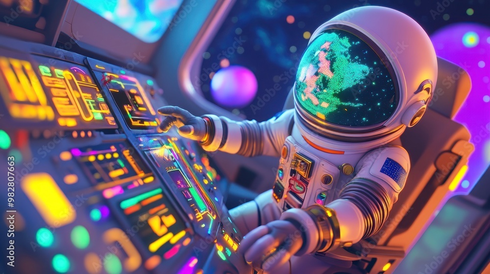 Poster an astronaut operates a colorful control panel in a spaceship, surrounded by space scenery.