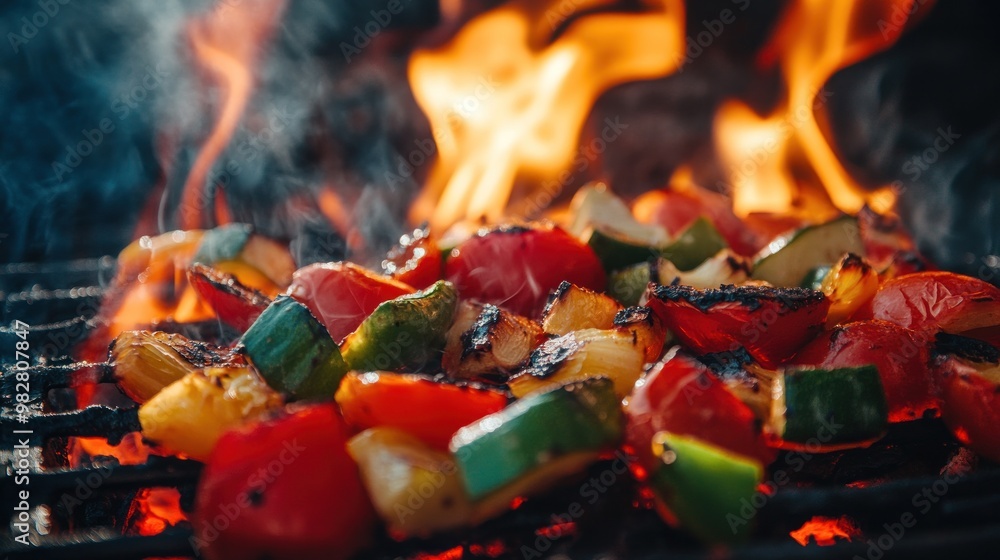 Canvas Prints Grilled vegetables sizzling over an open flame, showcasing vibrant colors and smoky textures.