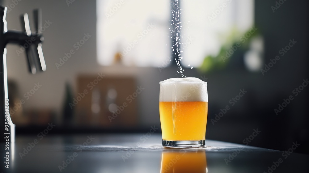 Sticker A glass of beer with foam and bubbles, set on a countertop in a cozy environment.