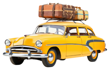 PNG Retro yellow car with luggage and beach colorful equipment on the roof vehicle white background transportation.