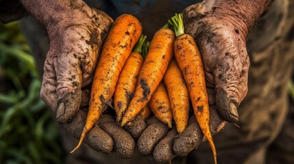 Hands holding freshly harvested, muddy carrots, showcasing agricultural produce.