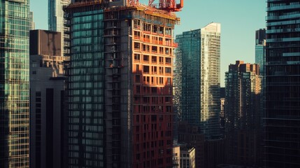 Urban skyline featuring a partially constructed building amidst modern skyscrapers.