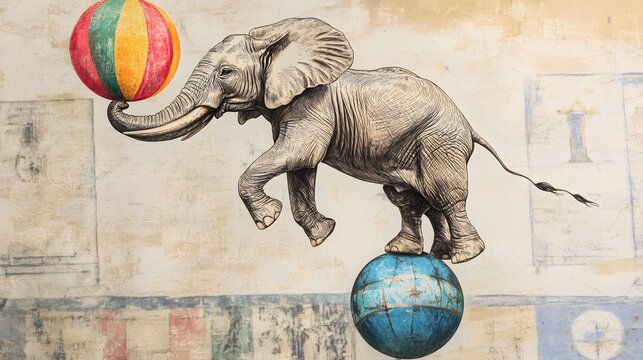 Whimsical hand-drawn elephant balancing on a beach ball in a circus scene