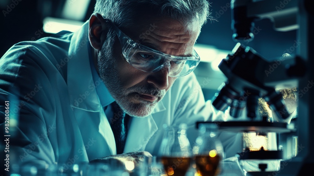 Poster a focused scientist examines samples under a microscope in a laboratory setting.