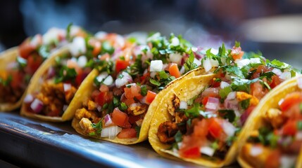 A close-up of delicious tacos filled with fresh ingredients and garnished with herbs.