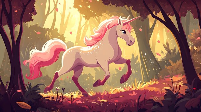 Whimsical hand-drawn unicorn prancing through a magical forest