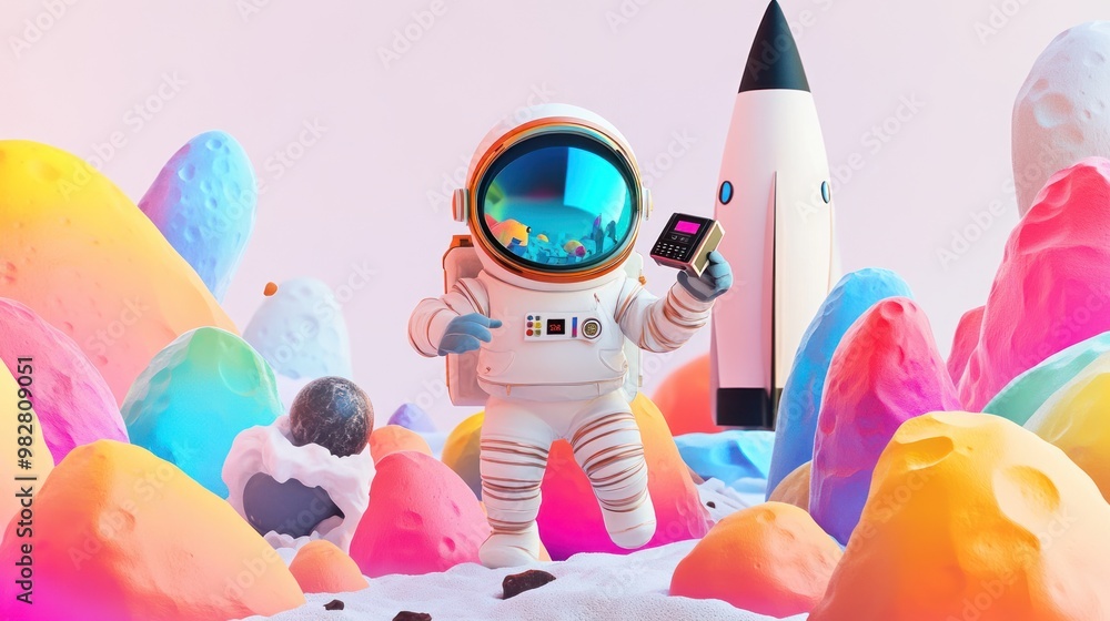 Poster a whimsical astronaut in a colorful landscape holds a device near a rocket.