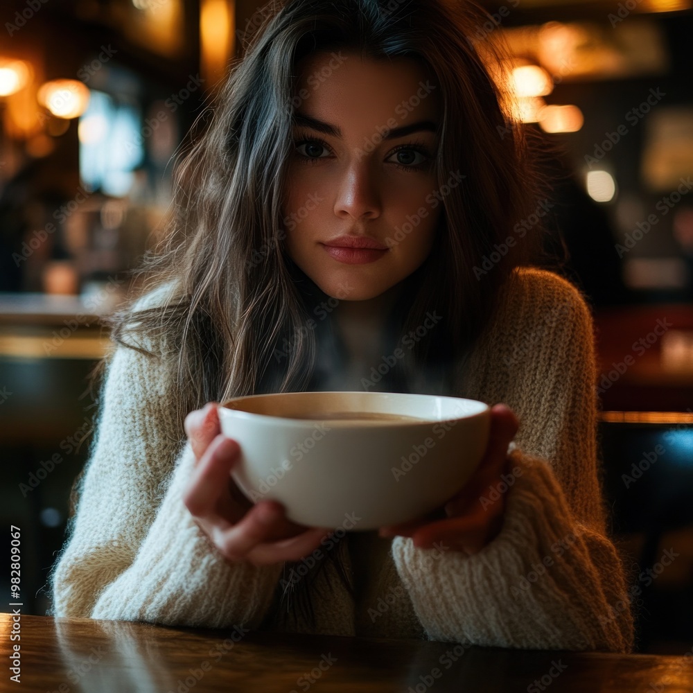 Wall mural A young woman holds a steaming bowl in a cozy café setting.