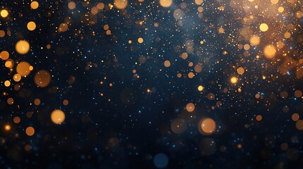 An abstract background featuring a deep navy blue canvas illuminated by scattered golden light particles