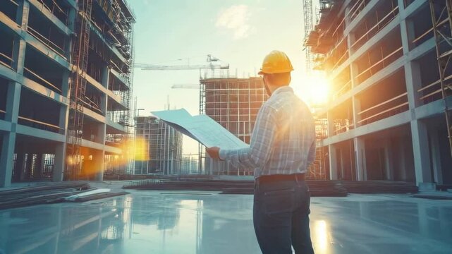 Architect inspecting and analyzing Construction Plan Design on development site