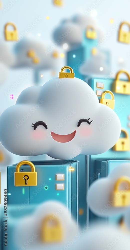 Poster A cheerful cloud character with locks, symbolizing data security and storage.